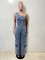 Slanted shoulder tight waist slim fit elastic washed denim jumpsuit jumpsuit wide leg pants work pants