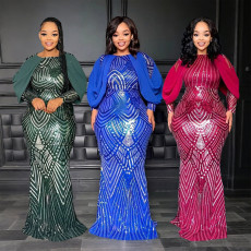 New sequin party bag buttocks sexy slim fit dress for women's round neck long dress