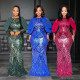 New sequin party bag buttocks sexy slim fit dress for women's round neck long dress