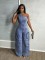 Slanted shoulder tight waist slim fit elastic washed denim jumpsuit jumpsuit wide leg pants work pants