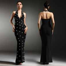 Fashionable women's dress with elegant temperament, backless hot pressed diamond slim fit dress