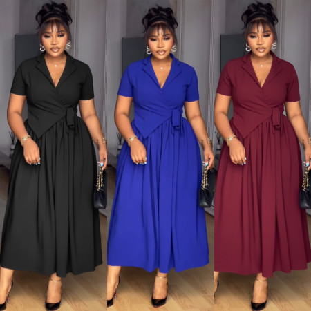 Elegant commuting collar, waist cinching, loose fitting dress with zip ties
