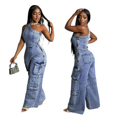Slanted shoulder tight waist slim fit elastic washed denim jumpsuit jumpsuit wide leg pants work pants