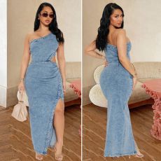 Tight waist slim fit elastic sexy sloping shoulder sleeveless backless and waist exposed denim dress