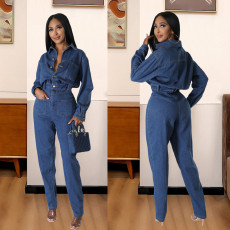 Slim fit elastic small toe wash denim jumpsuit with pockets and jumpsuit