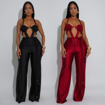 Fashion women's solid color sexy chest hugging and backless strap jumpsuit