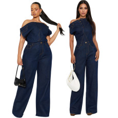 New European and American casual fashion strapless one shoulder slim fit denim jumpsuit jumpsuit