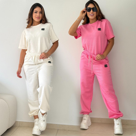 Outdoor leisure pocket embroidered embossed pants short sleeved set