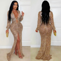 New Sexy Deep V Leopard Print Split Sleeveless Dress for Women