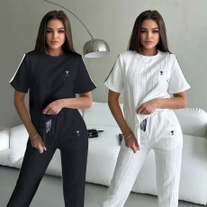 New Fashion Casual Embroidered Jacquard Fabric Belted Short Sleeve and Pants Set