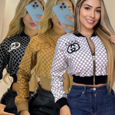 Fashion Print Embroidery Ribbed Long Sleeve Zipper Short Jacket 3 Colors In Stock