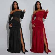 Fashionable Women's Sexy Off-Shoulder Long Sleeve Split Sleeveless Dress