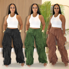 Fashionable women's casual solid color loose pleated wide leg pants new