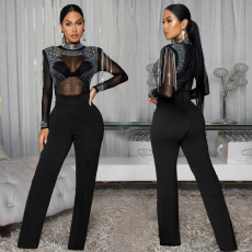 Fashionable women's sexy see through mesh rhinestone long sleeved jumpsuit