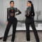 Fashionable women's sexy see through mesh rhinestone long sleeved jumpsuit