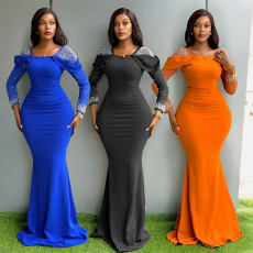 Square collar long sleeved sexy hip hugging long skirt party long dress women's foreign trade