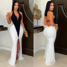 Fashionable women's sexy V-neck bag arm slit backless dress