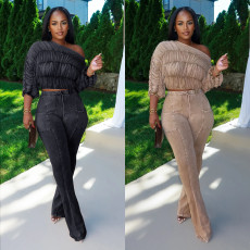 Fashionable Women's Casual Off-Shoulder Long Sleeve Top and Pants Two-Piece Set