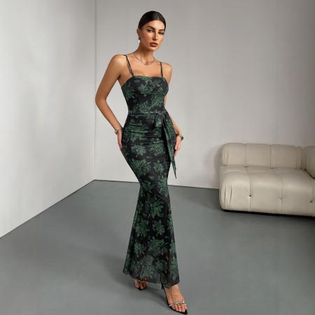Strap printed fishtail long dress, women's printed tight fitting wedding bridesmaid party dress, long dress