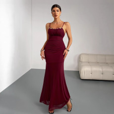 New slim fishtail long dress, women's suspender pleated dress, slim and sexy banquet party, wedding bridesmaid