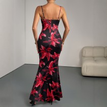 Foreign trade women's summer new print V-neck backless fish tail long skirt dress with suspender party