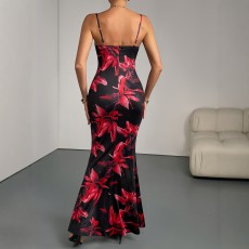 Foreign trade women's summer new print V-neck backless fish tail long skirt dress with suspender party