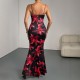 Foreign trade women's summer new print V-neck backless fish tail long skirt dress with suspender party
