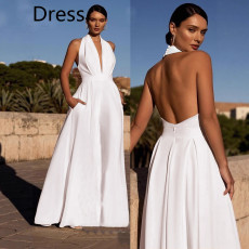 Dress new women's white backless hanging neck wedding banquet evening gown