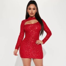 Summer new long sleeved bag hip long sleeved round neck sequin temperament high-end short skirt cross-border women's clothing