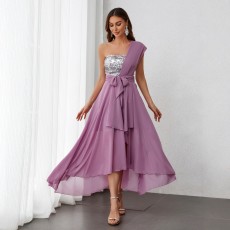 Sparkling chiffon single shoulder evening dress, grand party banquet dress