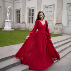 French high-end temperament chiffon dress with ruffle edge splicing and waist cinching long skirt