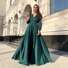 Women's new style elegant long sleeved chiffon autumn and winter dress V-neck