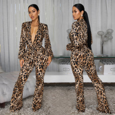 Fashionable Women's Sexy Deep V Leopard Print Comfortable Overalls