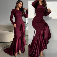 Autumn and Winter Cross border Women's Clothing Character Long Sleeve Fishtail Skirt Wine Red Dress Middle Eastern Clothing