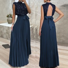 New sequined backless high waisted pleated long dress for women's summer temperament, cross-border wholesale