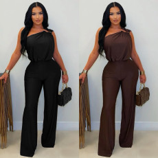 Fashionable Women's Casual Off-Shoulder Sleeveless Bodysuit Wide-Leg Bodysuit