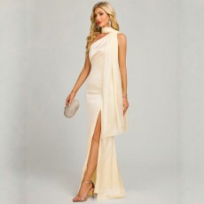 New European and American hanging neck slit long dress evening dress women's sleeveless slim fit dress wholesale banquet