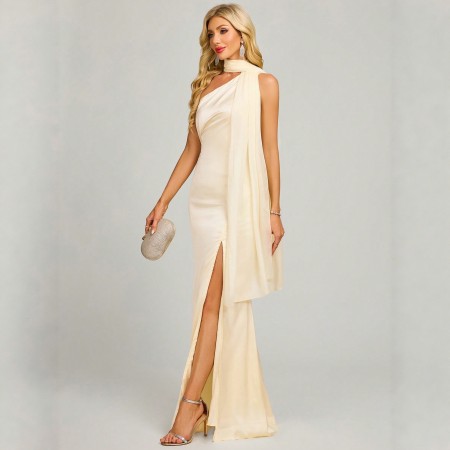 New European and American hanging neck slit long dress evening dress women's sleeveless slim fit dress wholesale banquet