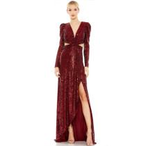 New solid color sequin lace up European and American V-neck mid sleeve Amazon hip hugging women's banquet evening dress