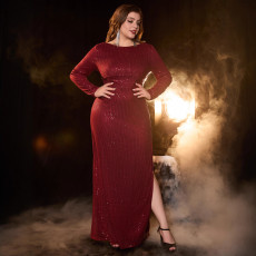 New sequins solid color long sleeved banquet dress dress long skirt