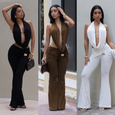 Fashionable women's sexy solid color backless top and pants set new