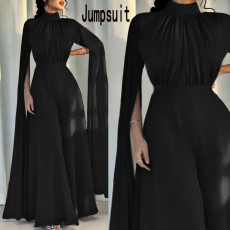 Women's long sleeved mid high neck jumpsuit, wide leg pants, flared pants