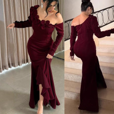 Women's formal dress with a drape and exquisite hip hugging temperament, a socialite banquet dress, and a Middle Eastern formal dress