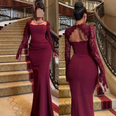 New Women's Dress Long Sleeve Lace Wine Red Dress Toast Dress