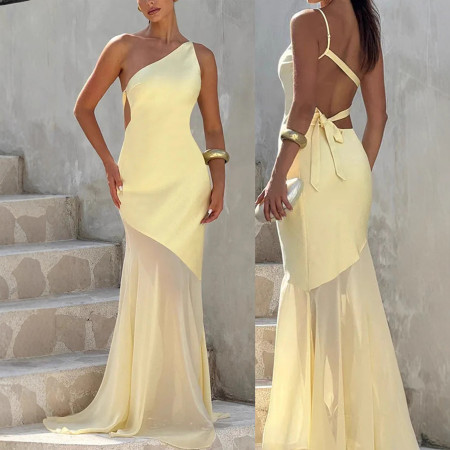 New Arrival Off-Shoulder Backless Bodycon Long Dress Sexy Solid Color Netting Padded Fishnet Skirt Gown