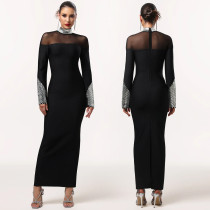 Fashion Women's High-Quality High-Neck Long-Sleeved Fitted Embellished Dress