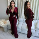 Women's sexy V-neck long sleeved rhinestone jumpsuit slim fit wide leg pants