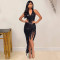 Hanging neck deep V tassel sleeveless party sequin dress sexy irregular bead skirt for women