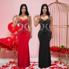 Cross border new sexy suspender V-neck long dress with slim fit and rhinestone wrapped buttocks