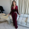 Women's sexy V-neck long sleeved rhinestone jumpsuit slim fit wide leg pants